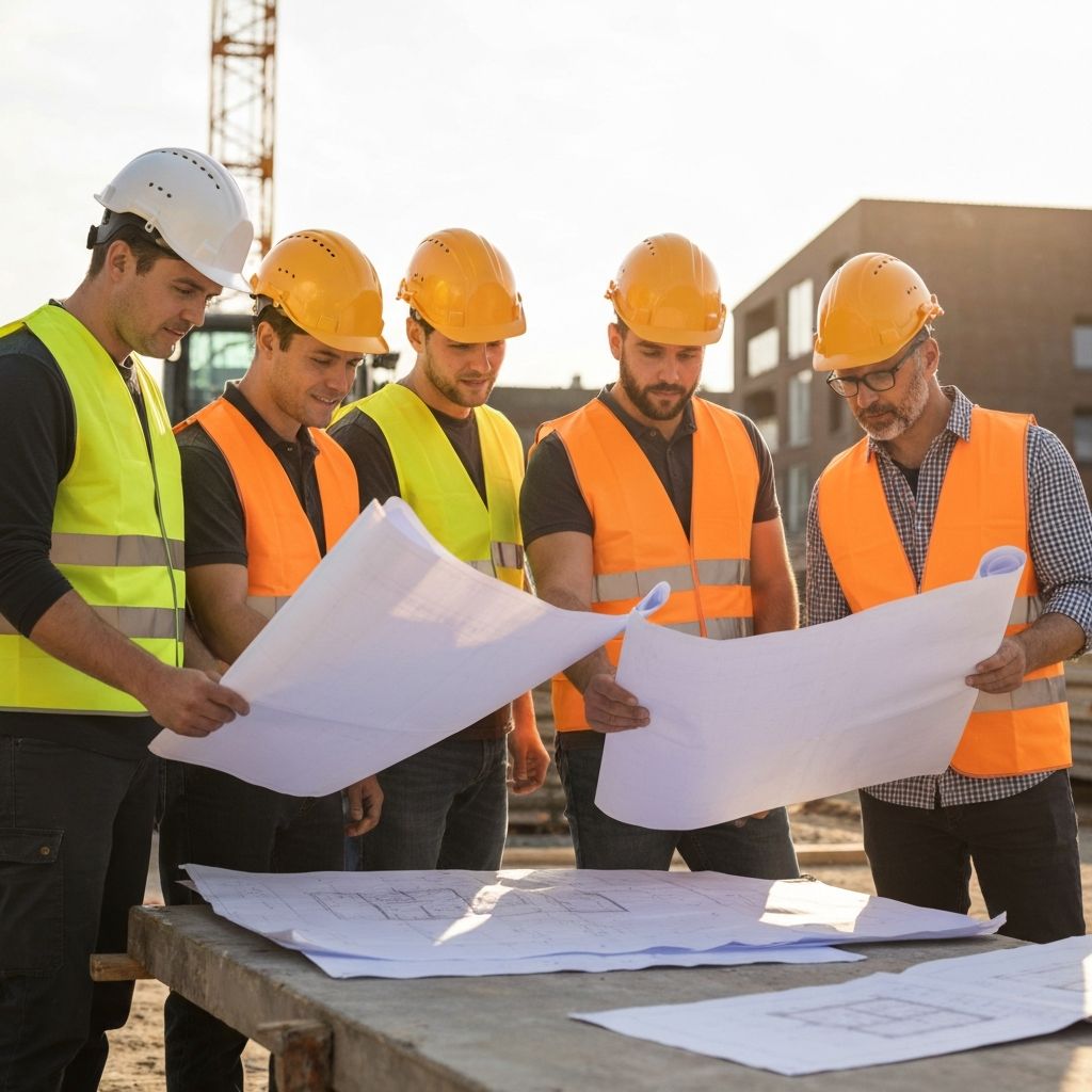 Unser Team bespricht Baupläne auf einer Baustelle